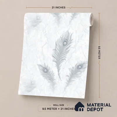 AA100701 | Silver Grey Peacock Feather PVC Floral Wallpaper - 9.5 Meter x 21 Inch, 55 Sq. Ft. (Min. 15% Wastage)