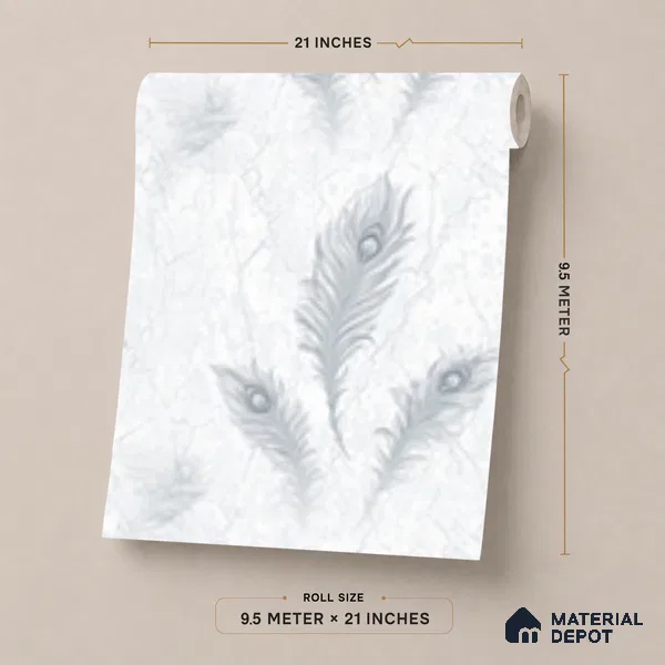 AA100701 | Silver Grey Peacock Feather PVC Floral Wallpaper - 9.5 Meter x 21 Inch, 55 Sq. Ft. (Min. 15% Wastage)