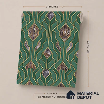 AA101106 | Emerald & Gold Marble Diamond Panel PVC Patterned Wallpaper - 9.5 Meter x 21 Inch, 55 Sq. Ft. (Min. 15% Wastage)