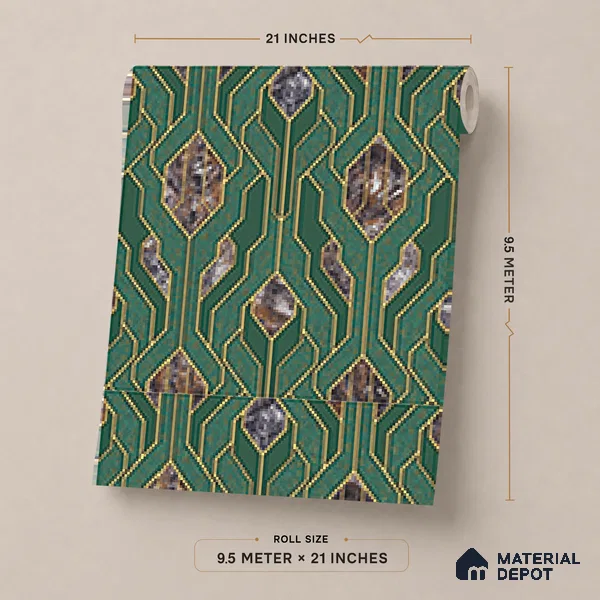 AA101106 | Emerald & Gold Marble Diamond Panel PVC Patterned Wallpaper - 9.5 Meter x 21 Inch, 55 Sq. Ft. (Min. 15% Wastage)
