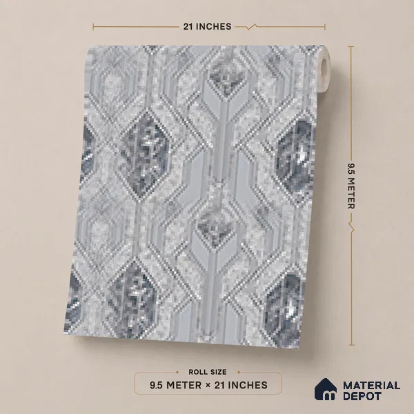 AA101103 | Silver Grey Marble Diamond Panel PVC Patterned Wallpaper - 9.5 Meter x 21 Inch, 55 Sq. Ft. (Min. 15% Wastage)