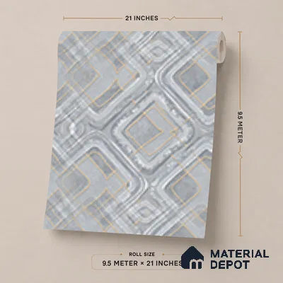 AA100604 | Grey & Gold Marble Square Lattice PVC Patterned Wallpaper - 9.5 Meter x 21 Inch, 55 Sq. Ft. (Min. 15% Wastage)