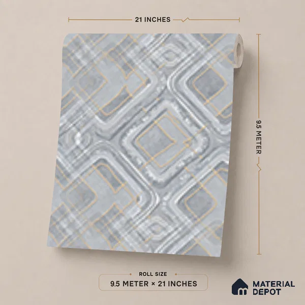 AA100604 | Grey & Gold Marble Square Lattice PVC Patterned Wallpaper - 9.5 Meter x 21 Inch, 55 Sq. Ft. (Min. 15% Wastage)