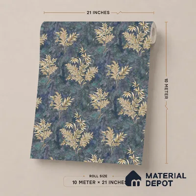 23850 | Navy Gilded Ferns Floral Wallpaper - 10 Meter x 21 Inches, 57.41 Sq. Ft. (Min. 15% Wastage)