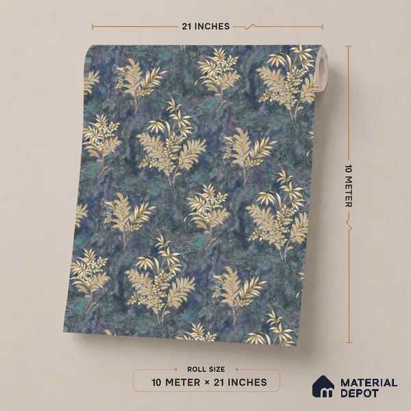 23850 | Navy Gilded Ferns Floral Wallpaper - 10 Meter x 21 Inches, 57.41 Sq. Ft. (Min. 15% Wastage)