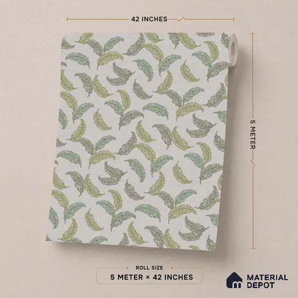 74042-3 | Sage Green Scattered Feathers Floral Wallpaper - 5 Meter x 42 Inch, 57.41 Sq. Ft. (Min. 15% Wastage)