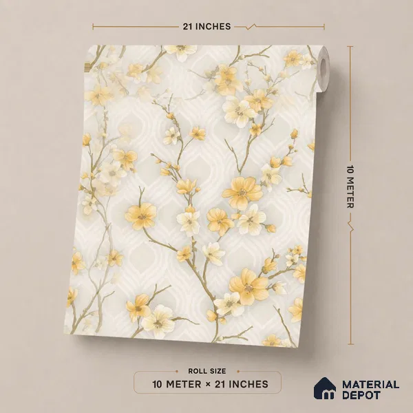 1120 | Yellow Trellis Blossom Branch Floral Wallpaper - 10 Meter x 21 Inches, 57.37 Sq. Ft. (Min. 15% Wastage)