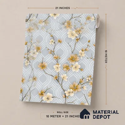 1118 | Grey Ogee Yellow Blossom Floral Wallpaper - 10 Meter x 21 Inches, 57.37 Sq. Ft. (Min. 15% Wastage)
