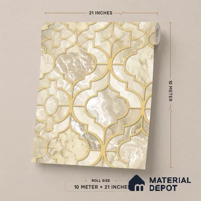 1116 | Cream & Gold Ogee Marble Lattice Patterned Wallpaper - 10 Meter x 21 Inches, 57.37 Sq. Ft. (Min. 15% Wastage)