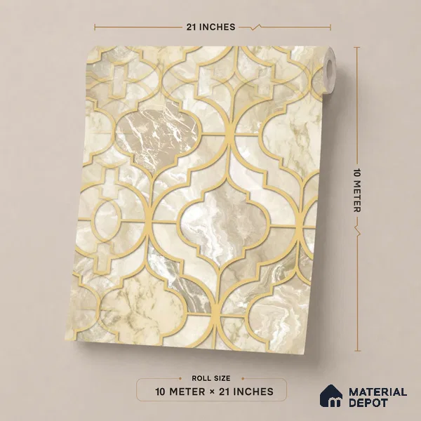 1116 | Cream & Gold Ogee Marble Lattice Patterned Wallpaper - 10 Meter x 21 Inches, 57.37 Sq. Ft. (Min. 15% Wastage)
