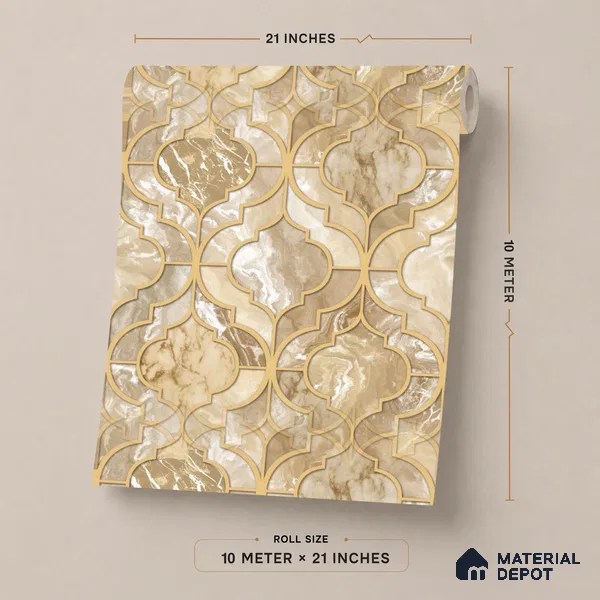 1117 | Gold Tan Ogee Marble Lattice Patterned Wallpaper - 10 Meter x 21 Inches, 57.37 Sq. Ft. (Min. 15% Wastage)