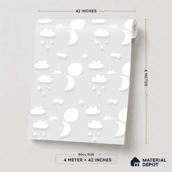 5186-1 | Grey Pastel Moon Star Scatter Kids Look Wallpaper 4 Meter x 42 Inches - 45.94 Sq. Ft. | Minimum 15% wastage during installation