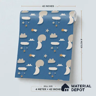 5186-2 | Navy Blue Moon Star Scatter Kids Look Wallpaper 4 Meter x 42 Inches - 45.94 Sq. Ft. | Minimum 15% wastage during installation