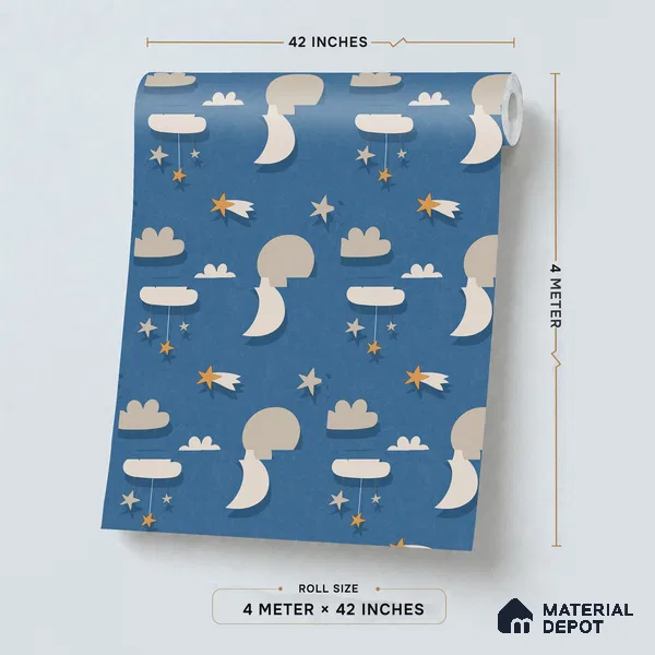 5186-2 | Navy Blue Moon Star Scatter Kids Look Wallpaper 4 Meter x 42 Inches - 45.94 Sq. Ft. | Minimum 15% wastage during installation