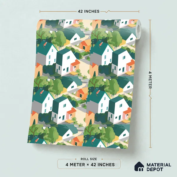 5172-1 | Multicolour Village Houses Kids Look Wallpaper 4 Meter x 42 Inches - 45.94 Sq. Ft. | Minimum 15% wastage during installation