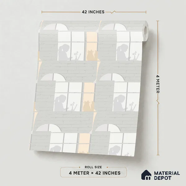 5165-1 | Grey Cat Window Silhouette Brick Look Wallpaper 4 Meter x 42 Inches - 45.94 Sq. Ft. | Minimum 15% wastage during installation