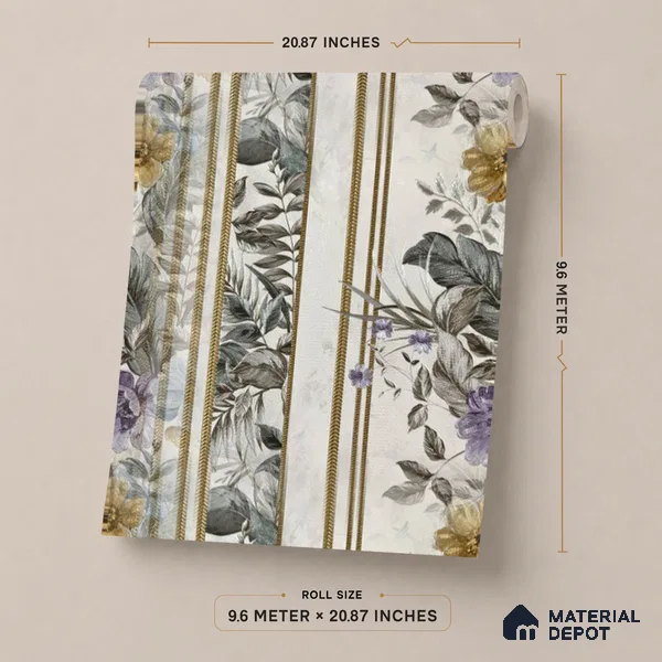 170-29 | Grey Bouquet Stripe Floral Wallpaper - 9.6 Meter x 20.87 Inches, 54.77 Sq. Ft. (Min. 15% Wastage)