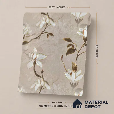 170-27 | Taupe White Magnolia Floral Wallpaper - 9.6 Meter x 20.87 Inches, 54.77 Sq. Ft. (Min. 15% Wastage)