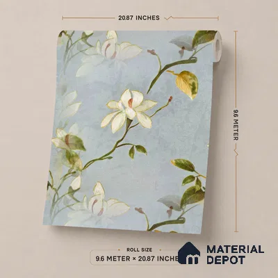 170-25 | Powder Blue White Magnolia Floral Wallpaper - 9.6 Meter x 20.87 Inches, 54.77 Sq. Ft. (Min. 15% Wastage)
