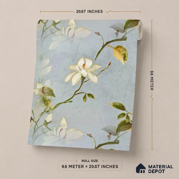 170-25 | Powder Blue White Magnolia Floral Wallpaper - 9.6 Meter x 20.87 Inches, 54.77 Sq. Ft. (Min. 15% Wastage)