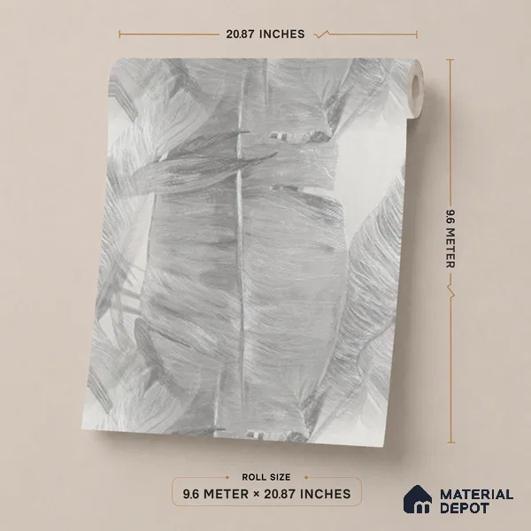 170-6 | Silver Large Banana Leaf Floral Wallpaper - 9.6 Meter x 20.87 Inches, 54.77 Sq. Ft. (Min. 15% Wastage)