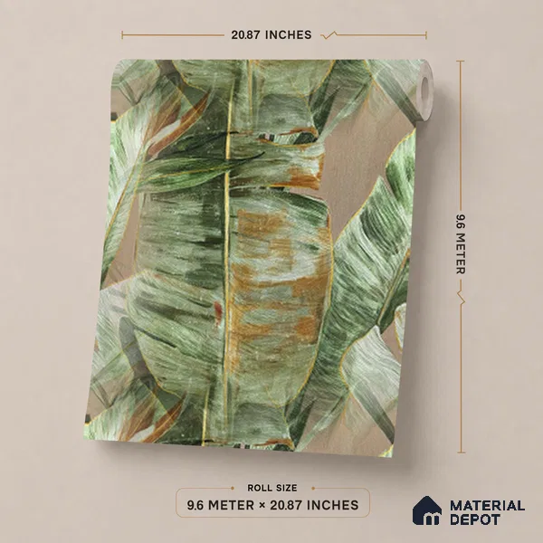 170-7 | Rust Green Banana Leaf Floral Wallpaper - 9.6 Meter x 20.87 Inches, 54.77 Sq. Ft. (Min. 15% Wastage)