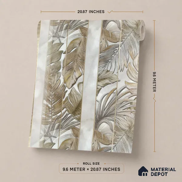 170-10 | Beige Palm Panel Floral Wallpaper - 9.6 Meter x 20.87 Inches, 54.77 Sq. Ft. (Min. 15% Wastage)