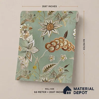 170-24 | Green Jacobean Bloom Floral Wallpaper - 9.6 Meter x 20.87 Inches, 54.77 Sq. Ft. (Min. 15% Wastage)