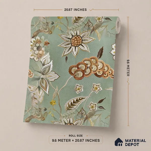 170-24 | Green Jacobean Bloom Floral Wallpaper - 9.6 Meter x 20.87 Inches, 54.77 Sq. Ft. (Min. 15% Wastage)