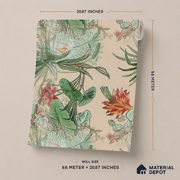 170-32 | Peach Palm Garden Floral Wallpaper - 9.6 Meter x 20.87 Inches, 54.77 Sq. Ft. (Min. 15% Wastage)