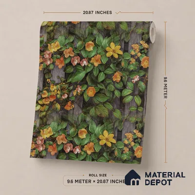 170-52 | Orange Blossom Grey Fence Floral Wallpaper - 9.6 Meter x 20.87 Inches, 54.77 Sq. Ft. (Min. 15% Wastage)