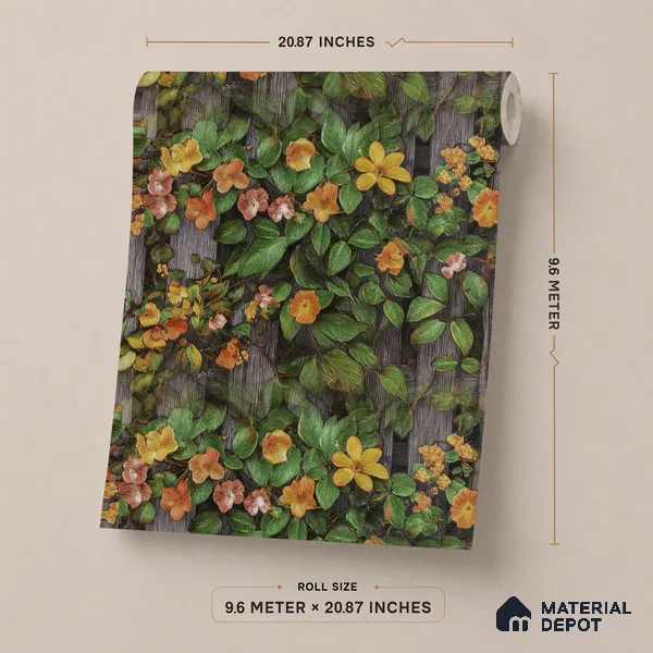170-52 | Orange Blossom Grey Fence Floral Wallpaper - 9.6 Meter x 20.87 Inches, 54.77 Sq. Ft. (Min. 15% Wastage)