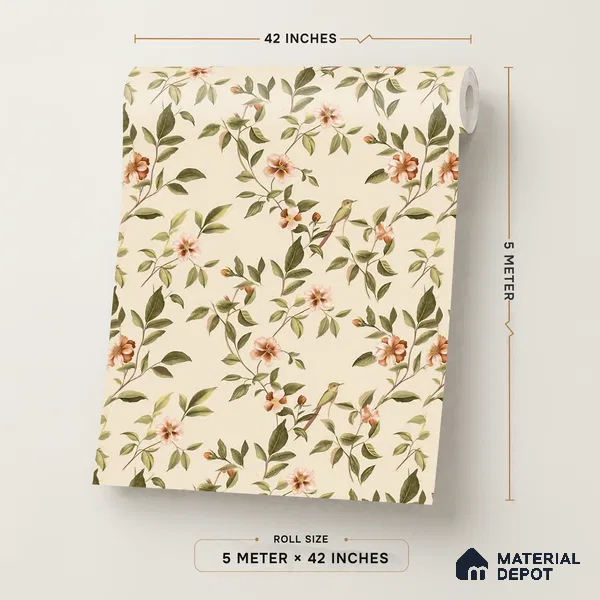 88655-3 | Cream Blossom Bird Floral Wallpaper - 5 Meter x 42 Inches, 57 Sq. Ft. (Min. 15% Wastage)