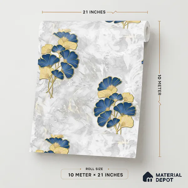 8024 | Navy and Gold Ginkgo Floral Wallpaper - 10 Meter x 21 Inches, 57.41 Sq. Ft.