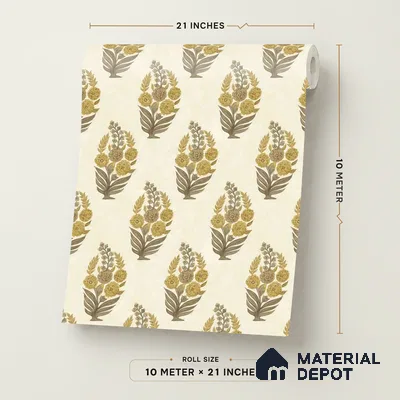 8032 | Cream & Gold Floral Bouquet Motif Patterned Wallpaper - 10 Meter x 21 Inches, 57.41 Sq. Ft.
