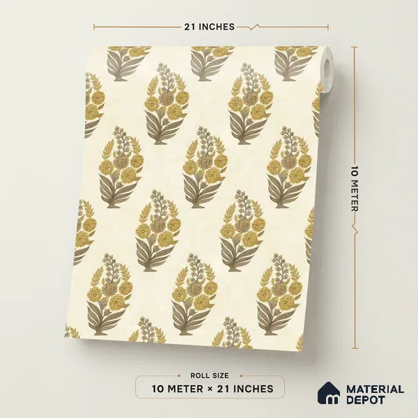 8032 | Cream & Gold Floral Bouquet Motif Patterned Wallpaper - 10 Meter x 21 Inches, 57.41 Sq. Ft.