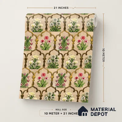 8049 | Tan Flower Trellis Floral Wallpaper - 10 Meter x 21 Inches, 57.41 Sq. Ft.