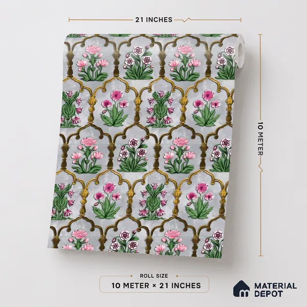 8051 | Grey Flower Trellis Floral Wallpaper - 10 Meter x 21 Inches, 57.41 Sq. Ft.