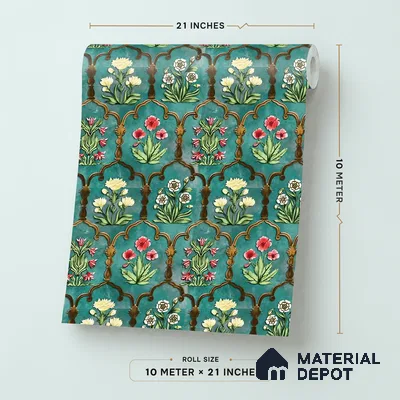 8052 | Teal Arch Flowers Floral Wallpaper - 10 Meter x 21 Inches, 57.41 Sq. Ft.