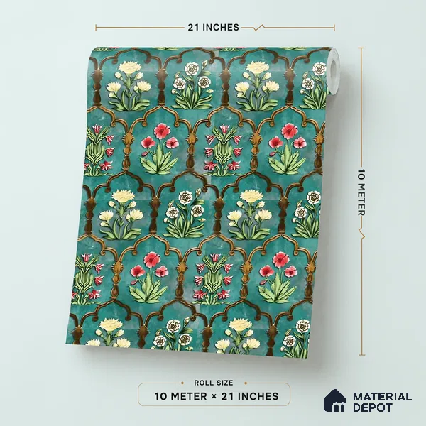 8052 | Teal Arch Flowers Floral Wallpaper - 10 Meter x 21 Inches, 57.41 Sq. Ft.