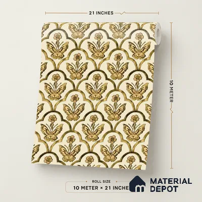 8056 | Gold & Cream Butterfly Scallop Patterned Wallpaper - 10 Meter x 21 Inches, 57.41 Sq. Ft.