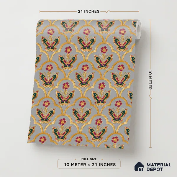 8059 | Grey Multicolor Butterfly Floral Patterned Wallpaper - 10 Meter x 21 Inches, 57.41 Sq. Ft.