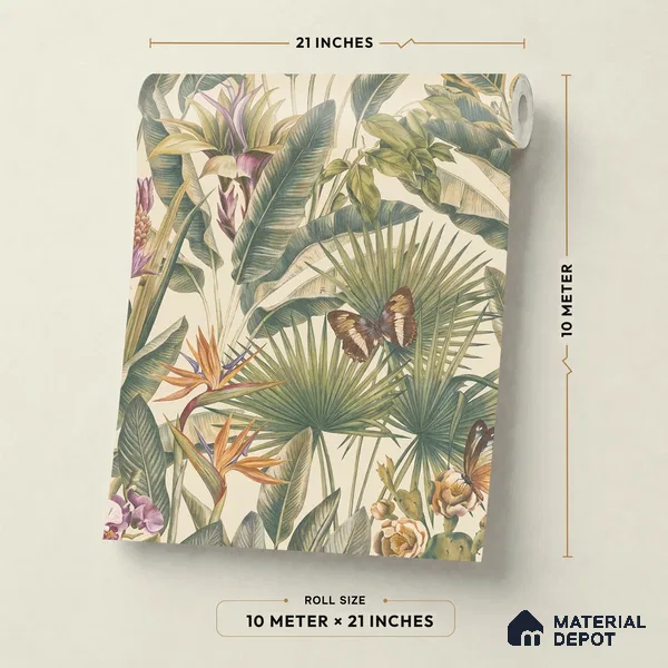 13335 | Cream Butterfly Jungle Floral Wallpaper - 10 Meter x 21 Inch, 57 Sq. Ft.