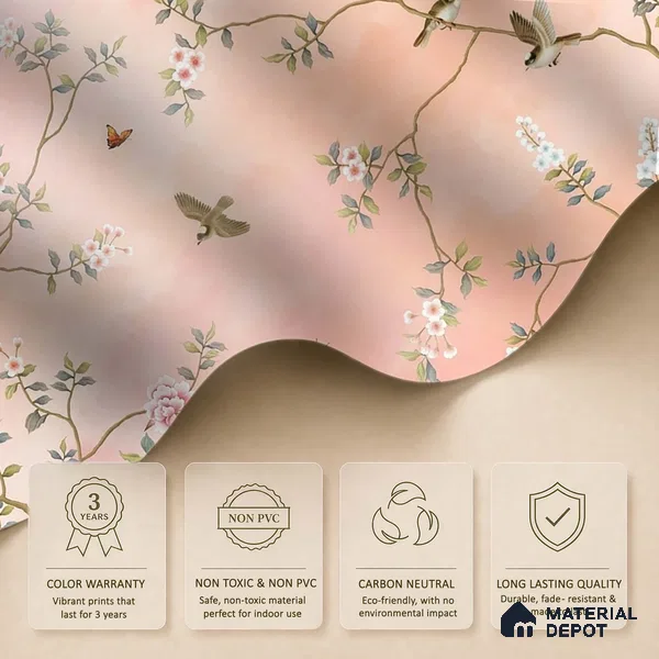 Blossom, Peach Chinoiserie Wallpaper, Customised Sukoon Series Handmade Chinoserie Design (Customised Size Wallpaper)