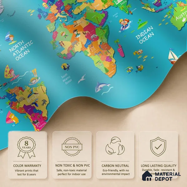 Blue Colourful World Map for Kids Room Walls Sparkla N Shine Series Handmade Map Design (Customised Size Wallpaper)