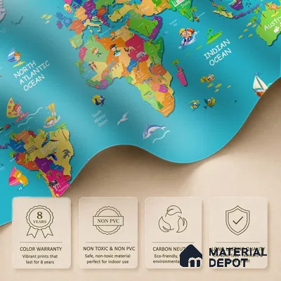 Blue Colourful World Map for Kids Room Walls Sparkla N Shine Series Soft Feel Map Design (Customised Size Wallpaper)