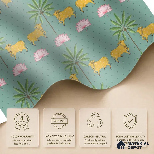 Indian Pichwai Green Wallpaper for Rooms, Customised Sukoon Series Canvas Patterned Design (Customised Size Wallpaper)