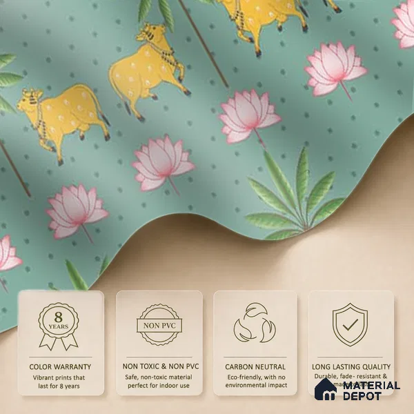 Indian Pichwai Green Wallpaper for Rooms, Customised Sukoon Series Handmade Patterned Design (Customised Size Wallpaper)
