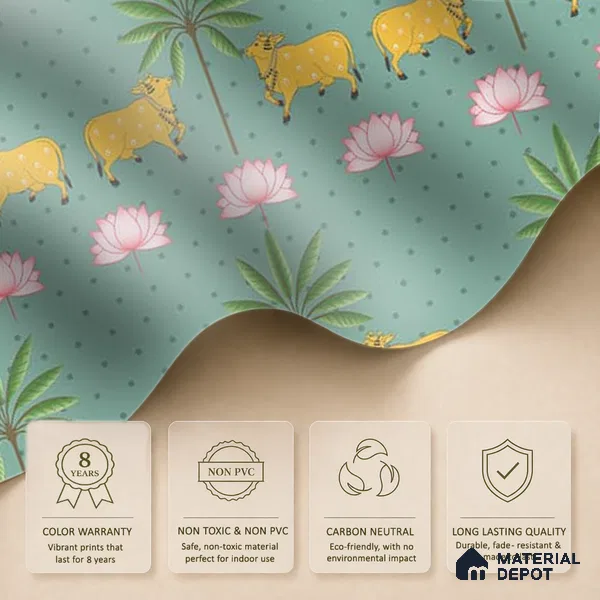 Indian Pichwai Green Wallpaper for Rooms, Customised Sukoon Series Soft Feel Patterned Design (Customised Size Wallpaper)