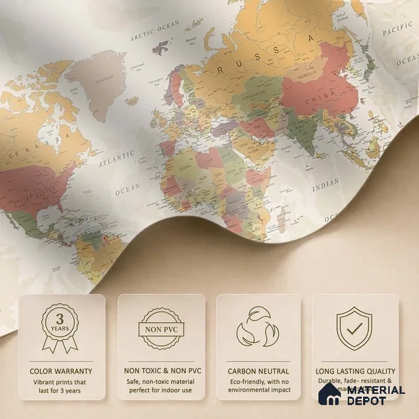Large World Map Wallpaper, Pastel Shades, Customised Sparkla N Shine Series Handmade Map Design (Customised Size Wallpaper)